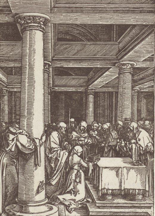 Albrecht Dürer, Presentation of Christ in the Temple, from the Life of the Virgin series, 1503–07. Woodcut, 293 × 212 mm. Amsterdam: Rijksmuseum (RP-P-OB-1417).