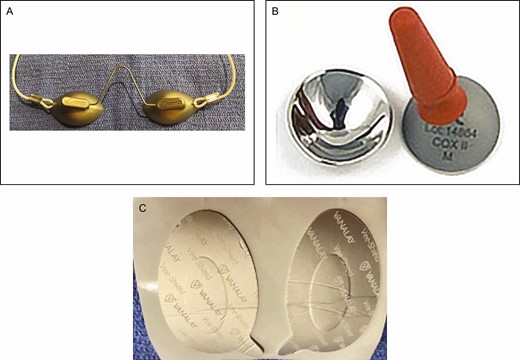 (A) External eye shields, (B) internal corneal eye shields, and (C) disposable eye shields.