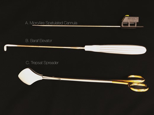 The instruments used in the ABC facelift technique. (A) MicroAire spatulated cannula (3-hole, 15 cm long, 3.0-mm diameter with a port length of 1.5 mm). (B) Baraf elevator. (C) Trepsat spreader.