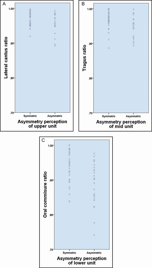 The anthropometric landmark ratio in each unit based on asymmetry perception. (A) Lateral cantus for upper unit, (B) Tragus for mid unit, (C) Oral commissure for lower unit.