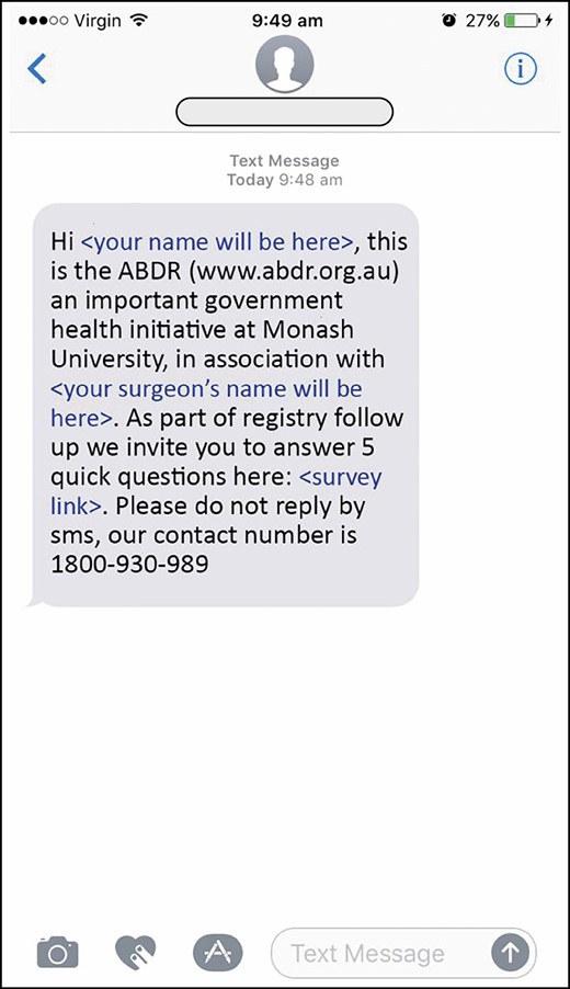 The Australian Breast Device Registry patient-reported outcome measures invitational text message: an example of the text message sent to eligible patients.