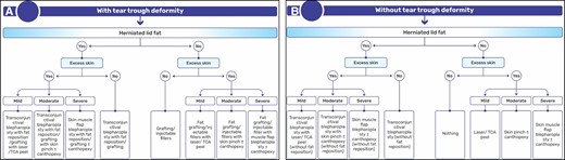 Algorithms for lower lid blepharoplasty based on the presence and extent of the herniated orbital fat pad and excess skin, with (A) and without (B) tear trough deformity.