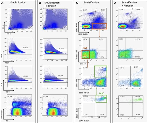 Representative flow-cytometry plots to define SVF and MSCs after emulsification only (A, C) and emulsification and filtration (B, D). Population of interest was defined from FSC-A/SSC-A plots followed by exclusion of cell aggregates based on FSC-W/H and SSC-W/H. Nonviable cells were excluded using Fixable Viability Dye 780 after which SVF and MSCs were defined. A, area; FSC, forward scatter; H, height; MSC, mesenchymal stem cell; SSC, side scatter; SVF, stromal vascular fraction; W, width.