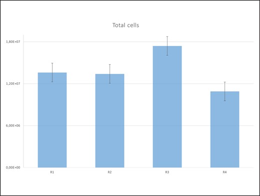 Total cells by region. R1, upper abdominal region; R2, lower abdominal region; R3, lumbar region; R4, inner thigh region.