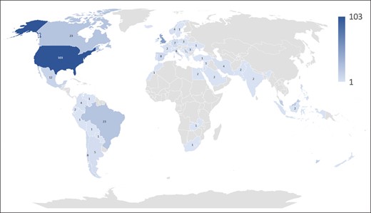 World map visualizing the country of origin of the n = 386 survey respondents.