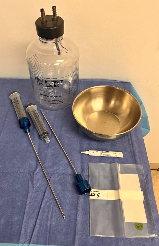 Equipment used: 60-mL syringes with Toomey-type tip, blunt-tip 5-mm single-hole infiltrating cannulas, sterile bowl for fat placement, 2800-mL glass collection bottle, and sterile bag and gel for ultrasound.