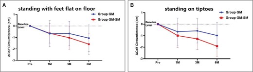 Calf circumference changed after injection of botulinum toxin. Individual points represent the means, and error bars represent the standard deviations. (A) Standing with feet flat on floor; (B) standing on tiptoes. GM, gastrocnemius muscle; M, month; Pre, preinjection; SM, soleus muscle.