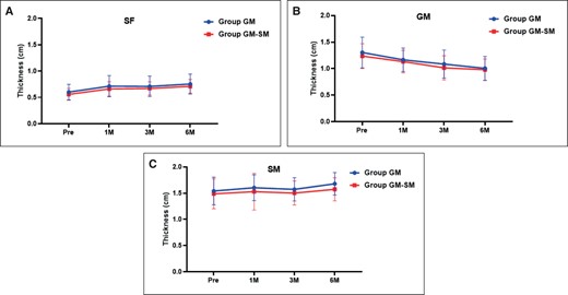 Changes in thickness of (A) subcutaneous fat (SF); (B) gastrocnemius muscle (GM); and (C) soleus muscle (SM), after injection of botulinum toxin. Individual points represent the means, and error bars represent the standard deviations. For the GM group, GM thickness decreased from 1.31 ± 0.30 cm to 1.02 ± 0.22 cm. For the GM + SM group, GM thickness decreased from 1.23 ± 0.23 cm to 0.97 ± 0.20 cm. It should be noted that there was no significant statistical difference in the degree of decrease in GM thickness between the GM group and the GM + SM group (P = .07).