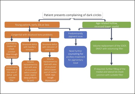 Patient characteristics and treatment planning. DMCF, deep medial cheek fat; SOOF, suborbicularis oculi fat.