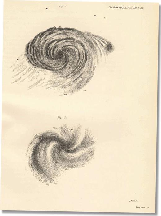 Copy of early drawings of M51 and M99 by Rosse (1850 plate XXXV). (Taken from Parsons 1926figures 1 and 2 facing p110)