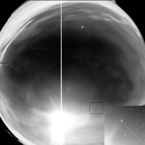 A Perseid fireball (inside square) is seen near the Moon (magnified on the bottom right corner). We used a prototype with an inner shutter so that we can estimate the velocity and deceleration.