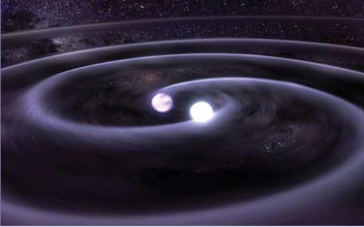 An artist's impression of a compact binary white dwarf system. Gravitational waves, generated by the orbital motion, radiate energy out of the system. (NASA/Dana Berry, Sky Worlds Digital)