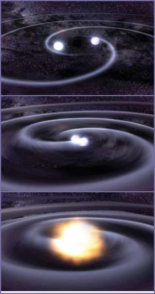 The inspiral phase of a compact binary system. The strength and frequency of the gravitational wave signal increases rapidly towards the end of this phase. (NASA/Dana Berry, Sky Works Digital)