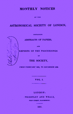The front cover of Monthly Notices volume 1, 1831. It shows the original name of the society, and the distinctive colour - which has become a bit lighter in the last 177 years.