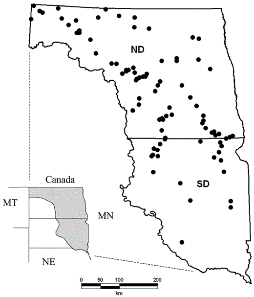 Black dots indicate study locations where data on completed clutch sizes of five species of temperate-nesting dabbling ducks were collected in prairie pothole landscapes east of the Missouri River in North Dakota and South Dakota during 1993-1995.
