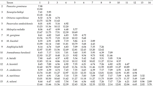 Uncorrected divergences (%) for the cytochrome-b (above) and ND2 (below) genes. The outgroups have been averaged, yielding a single value for pairwise ingroup comparisons (column 1, below).