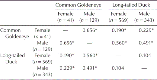 Indices (Dmax) of dreissenid-mussel size overlap between Common Goldeneyes and Long-tailed Ducks during winter on northeastern Lake Ontario, December–March, 2002–2003 and 2003–2004. Low Dmax values correspond to high prey-size overlap. Dmax values followed by an asterisk are significant at P < 0.10, indicating a difference in size distributions consumed.