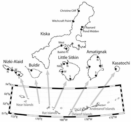 Distribution of automated acoustic recording devices placed across the western Aleutian Islands during 2008–2010 to record nocturnal vocalizations of seabirds. Acoustic device (song meter) locations are indicated by black dots. Gray dots on Kiska indicate song meters that were placed but malfunctioned.