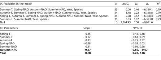 (A) Model selection among candidate models explaining mean passage date (MPD; n = 2005) of 16 eastern North American raptor species during autumn migration in relation to global climatic index (NAO) and air temperature (T). Number of parameters (k), ΔAICc values, AICc weights (wi), log-likelihood values (LL), and marginal R2 are presented for the models with ΔAICc < 4. Site ID was used as a random factor in the analysis. (B) Model-averaged parameter estimates from the models with ΔAICc < 4 and their 95% confidence intervals (CI). Estimates whose confidence intervals (95% CI) do not (or marginally) overlap zero are considered biologically informative and are in bold.