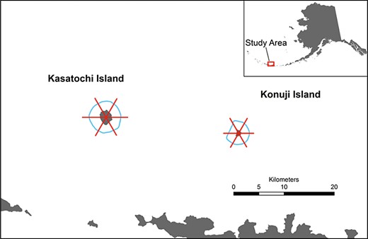 Location of the study area in the central Aleutian Islands. Blue circles represent circumnavigation survey tracks. Red spokes show our splitting of annual circumnavigations into transect segments.