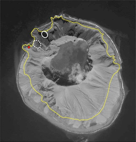 Location of Tundering Cove colony (dashed white circle), the time-lapse camera (red dot), and Whiskey Cove colony (solid white circle) on Kasatochi Island. The yellow line represents the pre-eruption coastline.