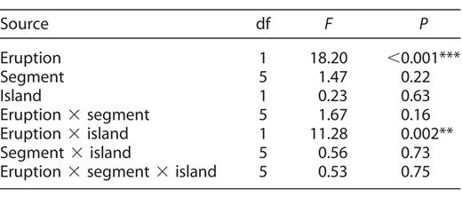 Effects of the 2008 eruption on Least Auklet at-sea densities by island and transect segment, based on analysis of variance. Asterisks indicate significant explanatory variables (**P < 0.01, ***P < 0.001).