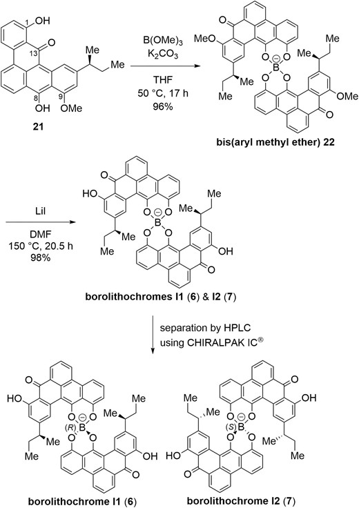 Synthesis and separation of borolithochromes I1 (6) and I2 (7).