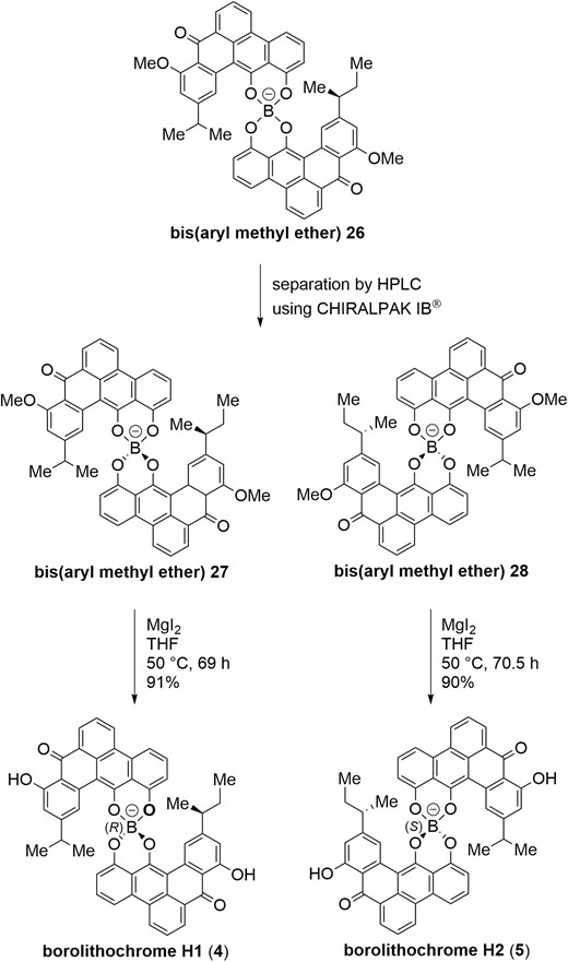 Separation of borolithochrome H dimethyl ether and O-demethylation to afford optically pure borolithochromes H1 (4) and H2 (5).