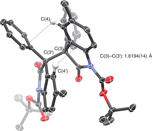 CCDC 1499431. For the sake of clarity, only the two hydrogens at C(4) and C(4′) contributing to CH/π interactions are shown. Red broken lines show CH/π interaction.
