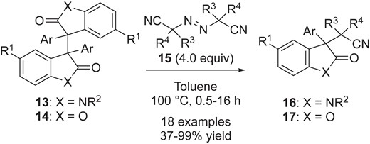 Radical-radical cross-coupling of various oxindoles 13 and benzofuranones 14 with azo compounds.