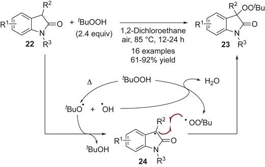 Metal-free thermal peroxidation of oxindoles by TBHP.