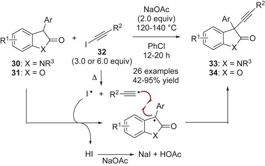 Oxidative alkynylation of oxindoles 30 and benzofuranones 31.