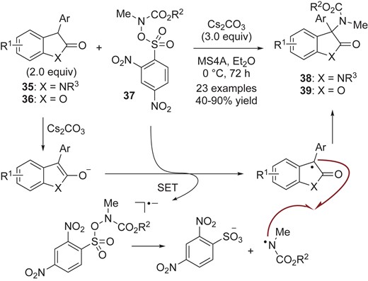 Amination of oxindoles 35 and benzofuranones 36 with sulfonic carbamate 37 via single-electron transfer.