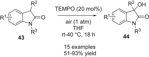 TEMPO-catalyzed hydroxylation of oxindoles by molecular oxygen.