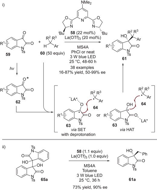 i) Enantioselective cross-coupling of isatins 59 with tolyl analogs 60. ii) Enantioselective cross-coupling of dimers 65a with toluene.