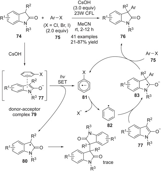 Arylation of oxindoles via visible-light-promoted electron transfer.