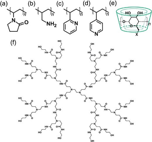 Structures of polymers used for stabilization of metal clusters: (a) poly(N-vinyl-2-pyrrolidone) (PVP); (b) poly(allylamine) (PAA); (c) poly(2-vinylpyridine) (P2VP); (d) poly(4-vinylpyridine) (P4VP); (e) cyclodextrin derivatives (X-(α, β or γ)-CD) with X = OH, SH or NH2 (n = 6, 7, and 8 for α, β, and γ); (f) OH-terminated poly(amidoamine) dendrimer of generation 2 (PAMAM-G2).