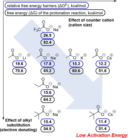 Calculated relative free energy barriers (ΔG‡) of for the ROP of LLA by each AMC catalyst (blue box) and calculated free energy (ΔG) of the protonation reaction for each AMC catalyst in which a H atom is transferred from the oxygen atom in alcohol initiator to the oxygen atom in the carboxylate moiety (black box). Adapted with permission from ref 22. Copyright 2020 Wiley-VCH.