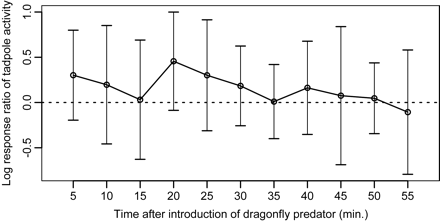 Time-series plot of log response ratios (LRRs) of tadpole activity in response to potential visual cues from dragonfly nymphs at 5-cm distance treatment. The values of control treatment (i.e., at a 5-cm distance without introduction of a nymph) were used to standardize long-term trends in tadpole activity from the 5-cm distance treatment during the experiments. The LRR of each experimental time represents the effect size of tadpole activity in response to introduction of the nymph, which is standardized by the activity before introducing the nymph. Error bars indicate ±99% confidence intervals, and the horizontal dashed line denotes LRR = 0. Confidence intervals not including zero designate a significant effect of the treatment on tadpole activities.