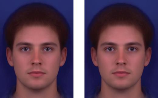 Visual illustration of the size of menstrual cycle shifts in preferences documented in Penton-Voak et al. 1999. Photos show mean masculinity preferred at high fertility (L) and low fertility (R).