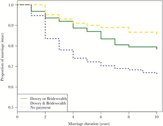 The probability of divorce during the first 10 years of marriage. The Kaplan–Meier curve shows the survival probability of the marriage, yellow dash line indicates women have both bridewealth and dowry in her marriage, green line indicates that women have either dowry or bridewealth, and blue dots show that there is no marriage payment.