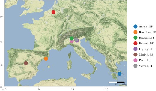 Map of study locations. Map created using ggmap (Kahle and Wickham 2013), ggrepel (Slowikowski 2021), and ggsn (Santos Baquero 2019). Map tiles by Stamen Design, under CC BY 3.0. Data by OpenStreetMap, under ODbL.