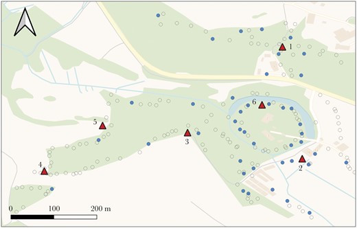 Map of study area. 185 great tit nestlings were PIT-tagged across 43 nest boxes (filled circles; empty circles for other species or unoccupied boxes). Six network feeders equipped with RFID antennae (filled triangles) were then used to track social networks across seasons.
