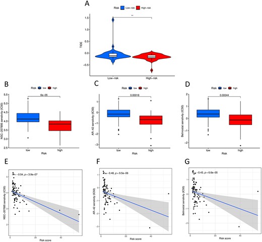 (A) TIDE analysis of the high-risk and low-risk groups. (B–D) Three candidate therapeutic drugs for patients with ESCA. (E–G) Relationship between risk score and semi-inhibitory concentration of each drug.