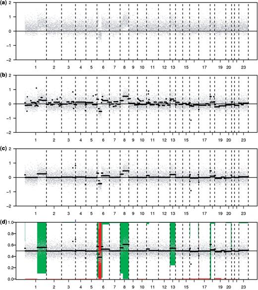 Preprocessing an aCGH tumor profile. (a) Raw data, (b) mode-normalized data. Segmentation shown for comparison with (c) de-waved plus segmented data, (d) called data. (a–d) genomic order on the x-axis. Chromosome 23 refers to the X-chromosome, while the Y-chromosome (24) is not shown. Grey dots indicate log2-ratios, segments are black horizontal lines. (a–c) log2-ratio sample/reference on the left axis. (d) Bars indicate posterior loss and gain probabilities. Probability scale on the left axis; reversed (“1”) for the gains. Amplifications are indicated by tick marks on the top axis.