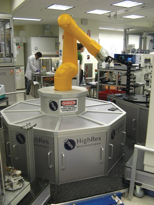 HTS infrastructure. This robot shuffles hundreds of thousands of molecules in 384-well plates to execute some of the small-molecule screens at the Broad Institute of Havard/MIT. HTS infrastructure like this has only recently become widely available to academics.