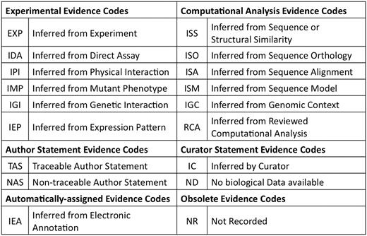 GO evidence codes and their abbreviations. Evidence code NR (not recorded) is used for annotations assigned prior to the use of evidence codes, and is not assigned to new annotations.