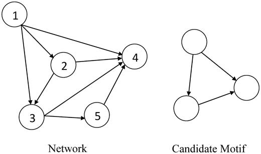 An example directed graph and a candidate motif.