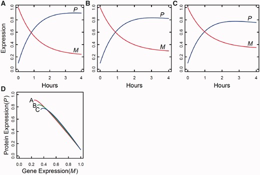 Dynamic changes of gene and protein expression in a time course, with the pattern and behavior depending on different QTL genotypes (A, B and C). In (D), a phase plane analysis is conducted for the three genotypes, showing their different patterns of gene–protein expression dynamics.
