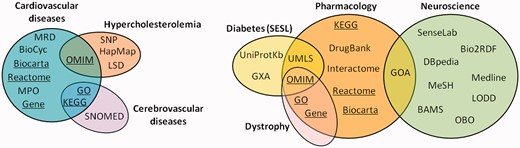 Public resources integrated by the translational medicine systems surveyed. The resources shown on the left are those integrated by the three systems targeting the cardiovascular system, whereas the resources shown on the right side are those integrated by the remaining four systems. The resources integrated in the cardiovascular system subdomain that were also considered in at least one of the other subdomains are underlined. MRD—Mental Retardation Database; MPO—Mammalian Phenotype Ontology; Gene—NCBI Gene Database; OMIM—Online Mendelian Inheritance in Man; GO—Gene Ontology; KEGG—Kyoto Enclycopedia of Genes and Genomes; SNP—SNP Database; LSD—Locus-Specific Databases; GXA—Gene Expression Atlas; UMLS—Unified Medical Language System; GOA—Gene Ontology Annotation; OBO—Open Biomedical Ontologies; LODD—Linked Open Drug Data; BAMS—Brain Architecture Management System; MeSH—Medical Subject Headings.